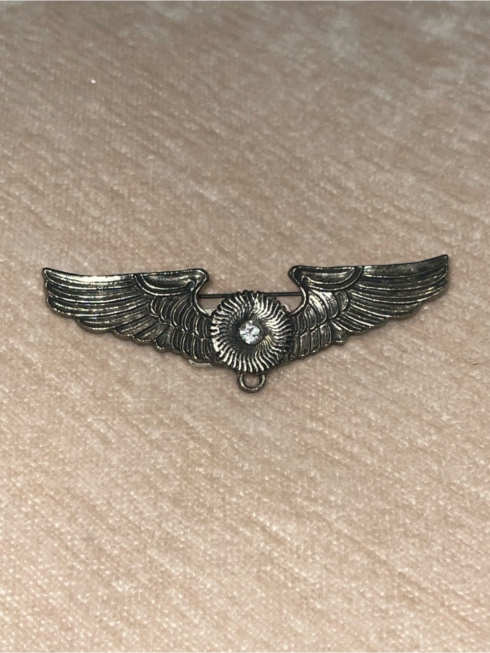 Winged Badge Brooch with Clear Crystal Accent - Silver Tone
